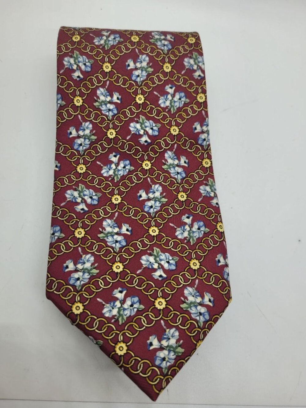 VTG Paolo Gucci Mens 100% Silk Neck Tie Italian Floral Gold Chain Pattern Wine